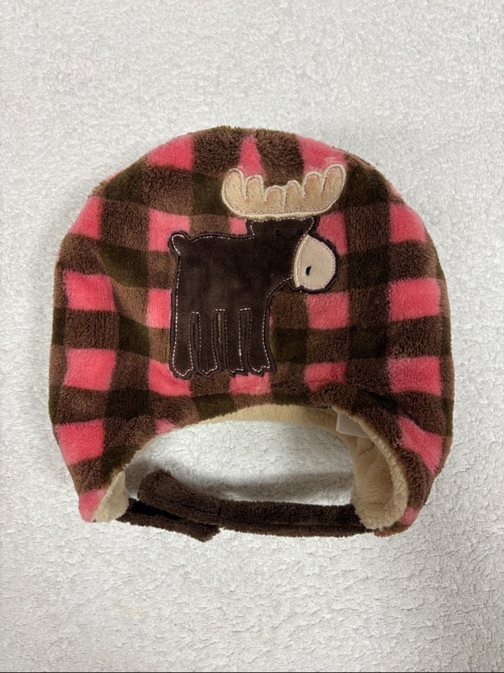 Flapjack kids reversible fleece Kids Plaid Moose bear tan pink brown